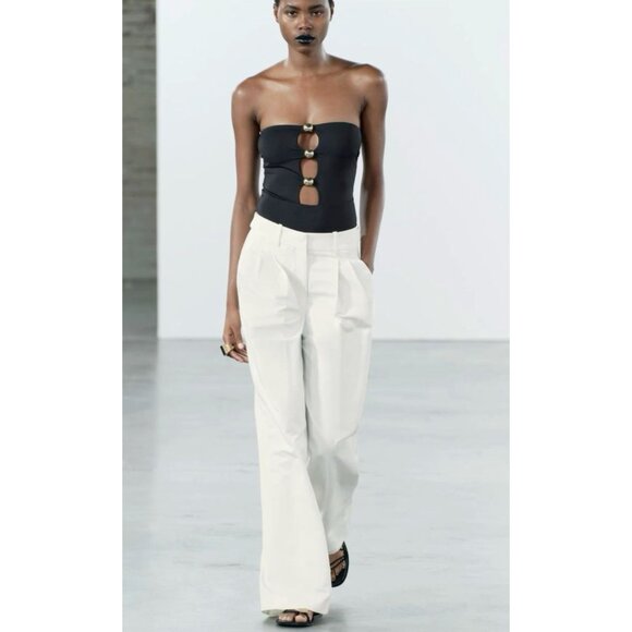 Zara Womans Pants Size M Ecru off White Wide Leg High Waist 7149/043 NWT - Picture 1 of 8